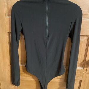 Fashion Nova Black Sheer Long Sleeve Half Zip High Neck Button Snap Bodysuit